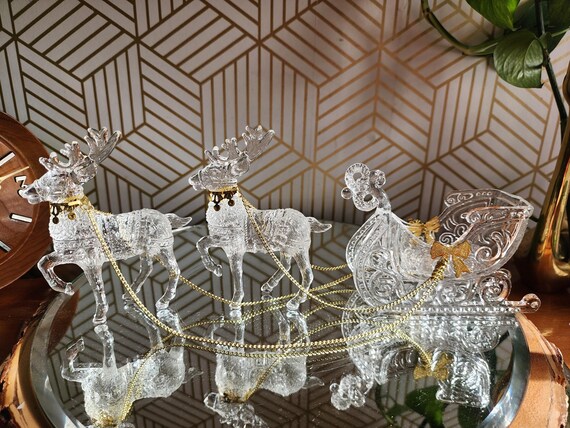 Vintage Clear Acrylic Santa's Sleigh and Reindeer with Original Box