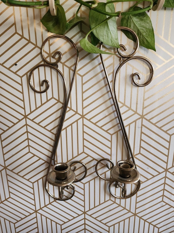 Vintage Home Interior Set 2 Gold Brass Color Scroll Wall Candle Holders Sconces