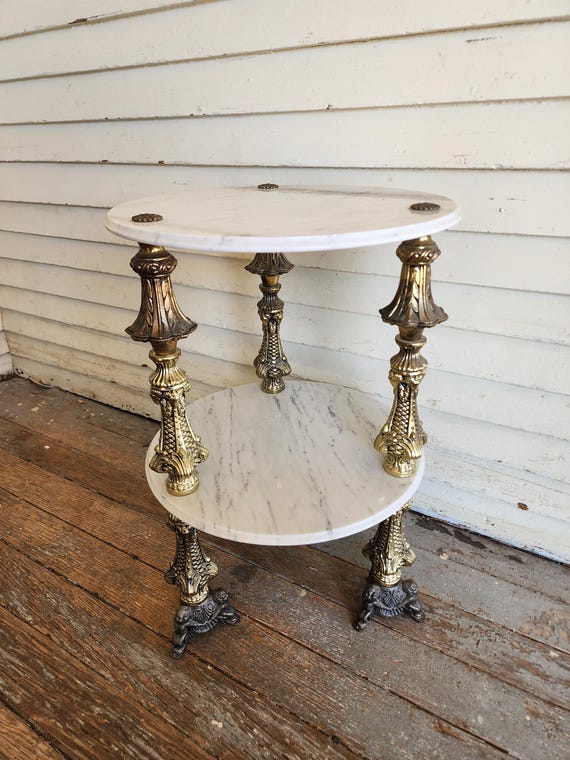Vintage Catco Italian Provencial Brass and Marble Cherub 2 Tier Round Stand – Ornate and Elegant Home Decor