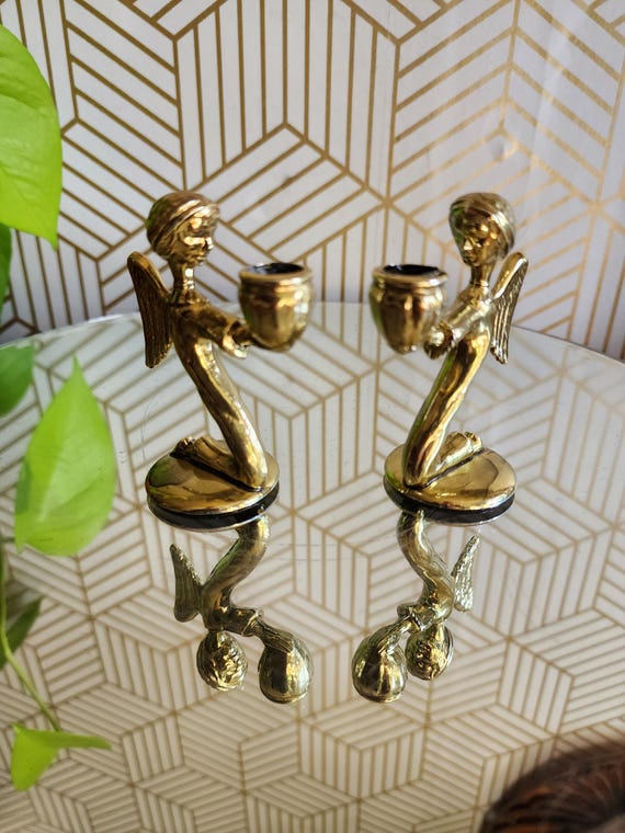 Vintage Brass Angel Small Taper Candlestick Holders