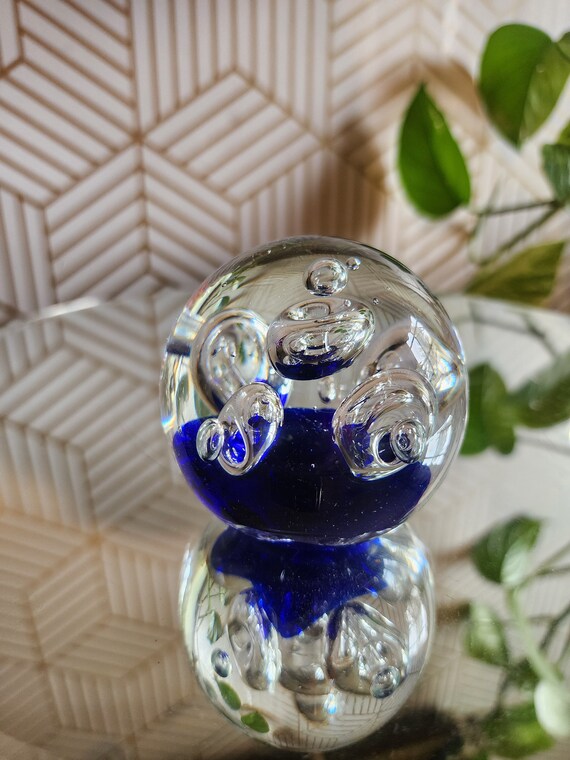 Vintage Handblown Blue and Clear Glass Paperweight - Controlled Bubbles