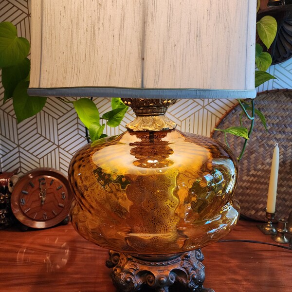 Beautiful Vintage Brass and Blown Amber Glass Optic Swirl Table Lamp - 3 Way with Light Up Base