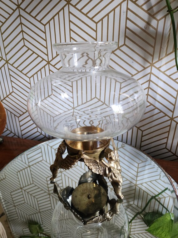 Vintage Brass Angel Candlestick Holder with Glass Hurricane Style Shade