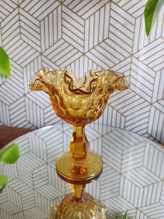 Vintage Fenton Amber Rose Thumbprint Footed Compote Dish