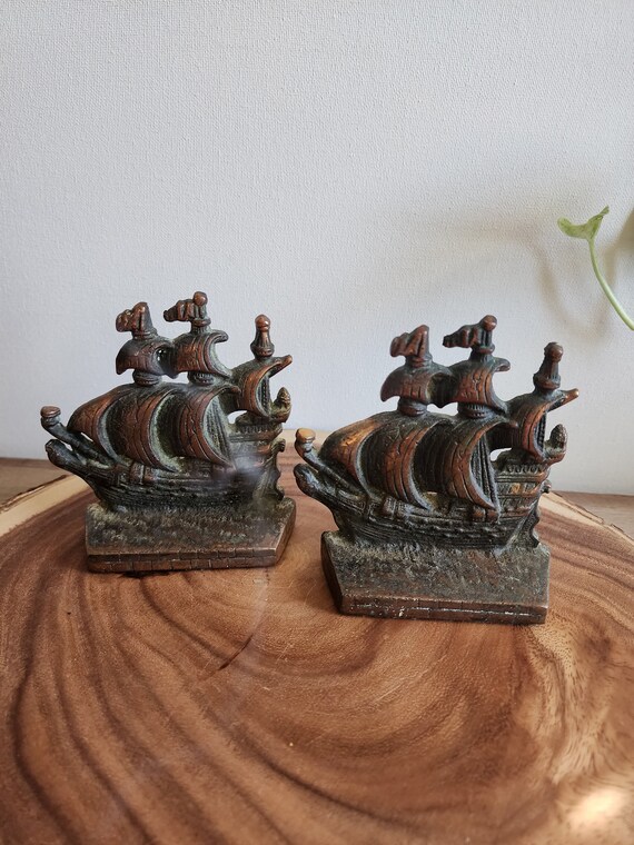 Vintage Cast Iron Bronze Pirate Ship Door Stops/Bookends
