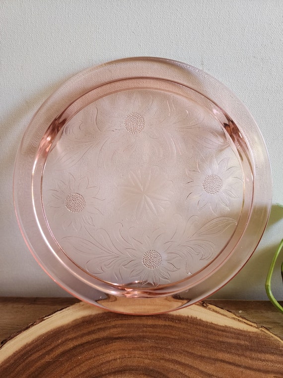 Vintage Pink Depression Glass Jeanette Sunflower Pattern 10" 3 Toed Footed Cake Plate