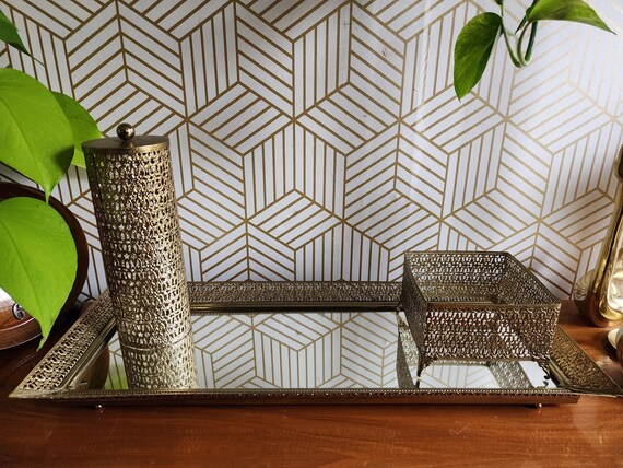 Vintage Brass Filigree Dresser Vanity Set - Large Mirror, Tissue Box Holder and Hairspray Cover