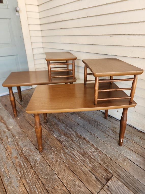 Vintage Midcentury Baumritter Two Tiered Side Tables / Walnut & Laminate Atomic Era - Each
