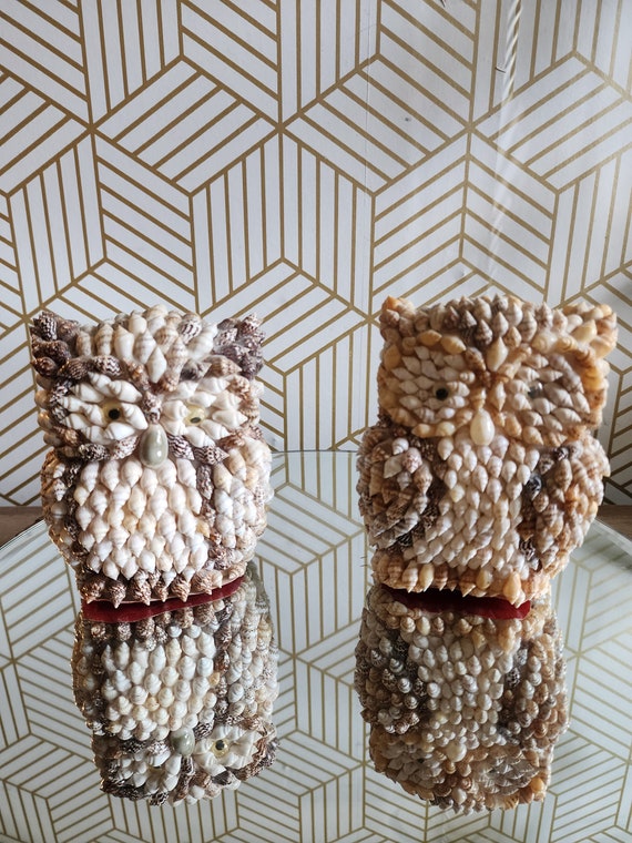 Vintage Handcrafted Sea Shell Folk Art Owl Statue Figurines Beach Decor