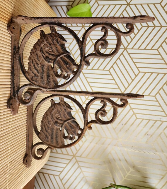 Vintage Pair Cast Iron Horse Head Shelf Brackets