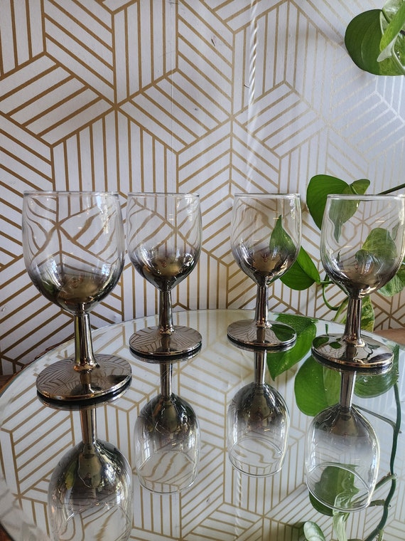 Set of 4 Vintage Silver Ombre Fade Lusterware Style 4oz Wine Cordial Glass 5” Tall