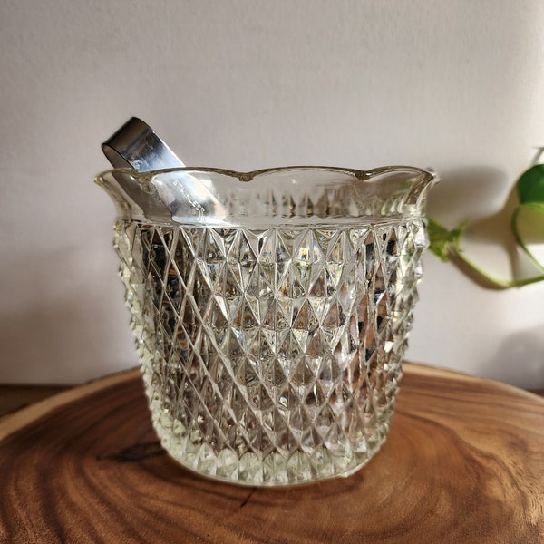 Vintage Diamond Cut Glass Ice Bucket with Tongs