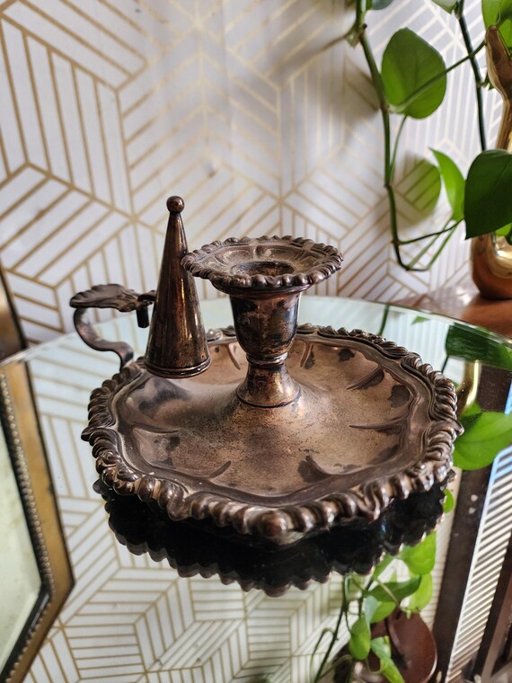 Antique Sheffield England Chamber Candlestick Holder with Finger Loop and Snuffer - Silver Plated