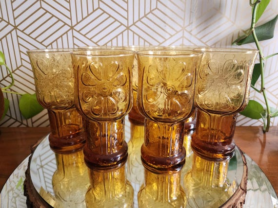 Vintage Libbey Amber Country Garden Daisy Glasses 5"- Set of 6