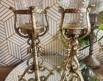 Vintage Gold Cast Brass Pillar Candle Holders with Glass Votive Cups- Ornate Hollywood Regency Style