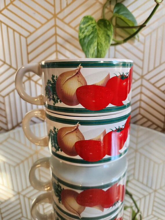 Vintage Pair 1970's 4.5" VEGETABLE "C-Handle" Soup Bowl Mug Cup Onion Tomato Garlic Retro