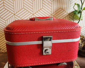 Vintage 1960’s Era Lipstick Red Trojan Train Case/Small Suitcase/Luggage/Overnight Case