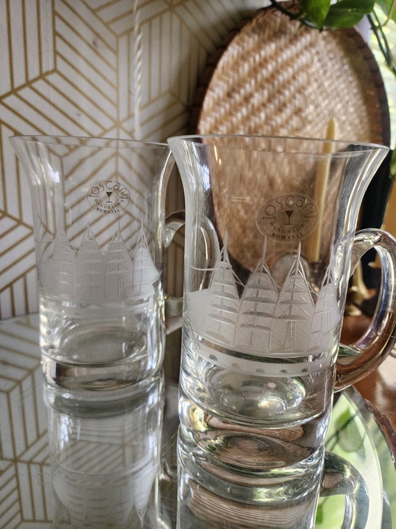 Vintage Pair Toscany Etched 24oz Stein Mug Tankard with Schooner Ship - Handblown in Romania
