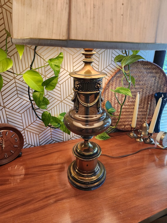 Midcentury Smoke Gray Glass and Brass Lion Hollywood Regency Urn Style Table Lamp 36"