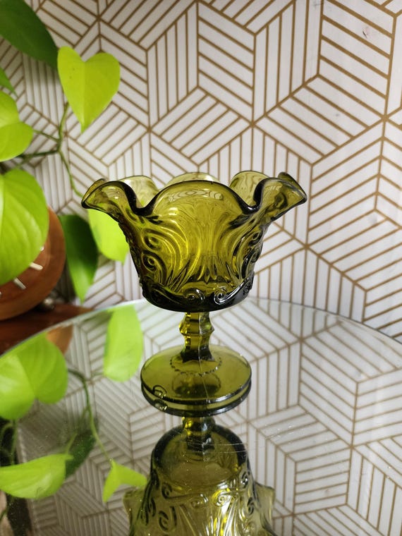 Vintage Imperial Atterbury Candy Dish Verde Green Ruffled Scroll Glass Compote