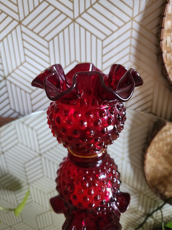 Fenton Ruby Red Hobnail Double Crimped Vase - Amberina- Glows. 4"