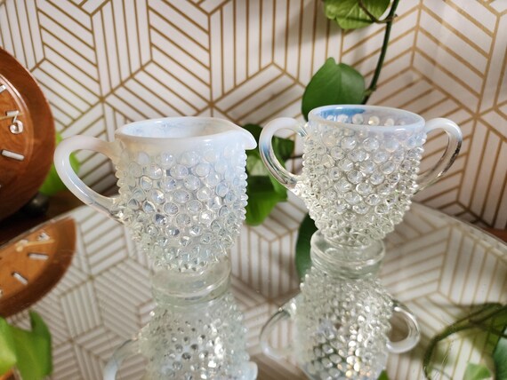 Vintage Fenton Moonstone Opalescent Hobnail Glass Sugar and Creamer