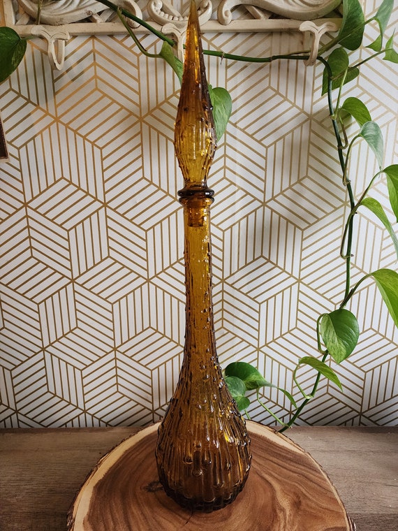 Beautiful 1960s Empoli 22" Amber Wax Drip Teardrop Genie Bottle Decanter