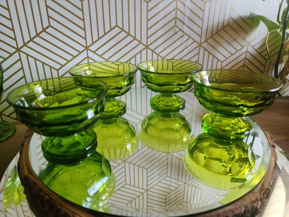 Set of 4 Vintage Viking Glass Georgian Honeycomb Green Footed Dessert Pudding Bowls Mid Century