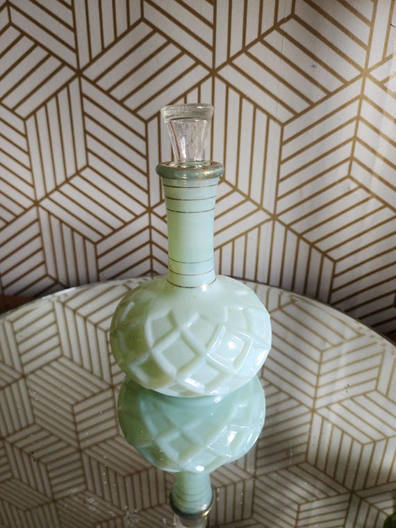 Vintage Fenton Light Green Opaline Lattice Perfume Bottle