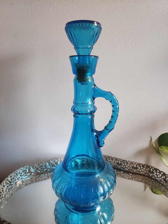Vintage 1973 Blue Glass Genie Liquor Decanter With Handle