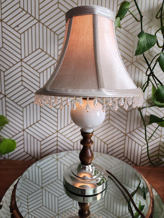 Vintage Wood and Milkglass Lamp With Beaded Fringe Shade