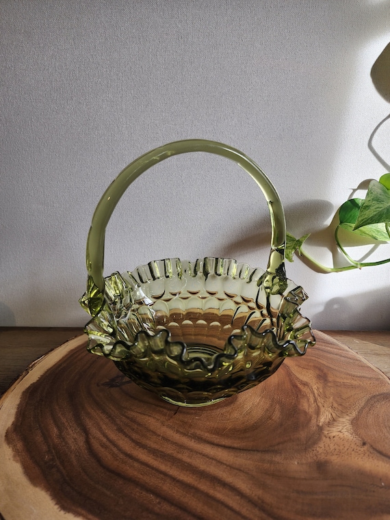 Vintage Fenton Colonial Green Glass 8" Basket Ruffled Edge