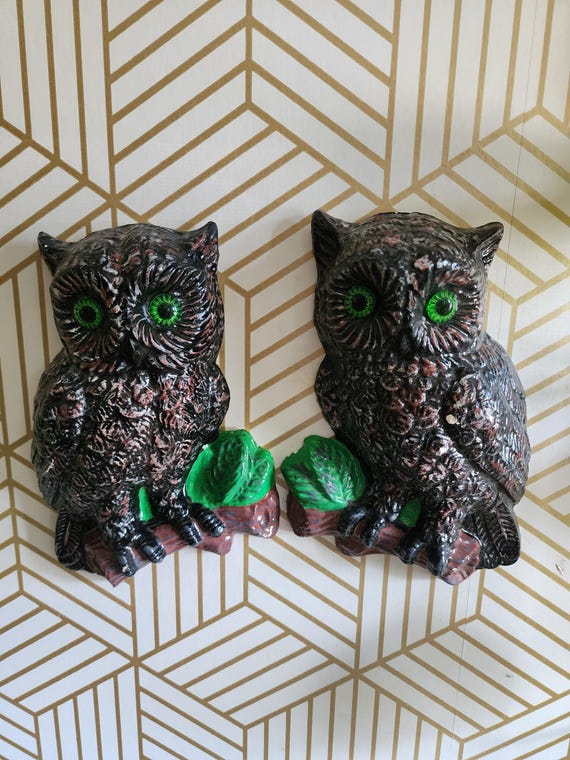 Vintage 1970s Plaster Black Owls with Green Eyes Kitsch Retro Wall Art Hanging Decor