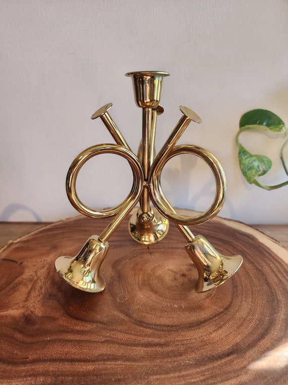 Vintage Brass Triple Horn Candle Stick Holder, Vintage Christmas Brass Horn Candle Holder, Vintage Christmas Decor, Vintage Candle Holder