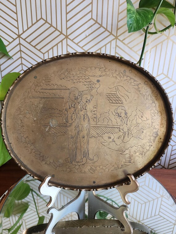 Antique Early 20th Century Chinese Engraved People Brass Tray Tea Asian Tray