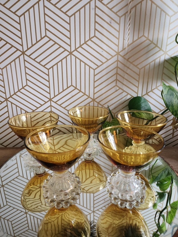 1960's 5 Gold Amber Anchor Hocking Boopie Bubble Stem Champagne Sherbet Glasses