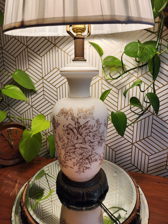 Vintage French Antique Capodimonte Style Gold Gilt Floral Pattern Satin Glass Table Lamp with Light in Base