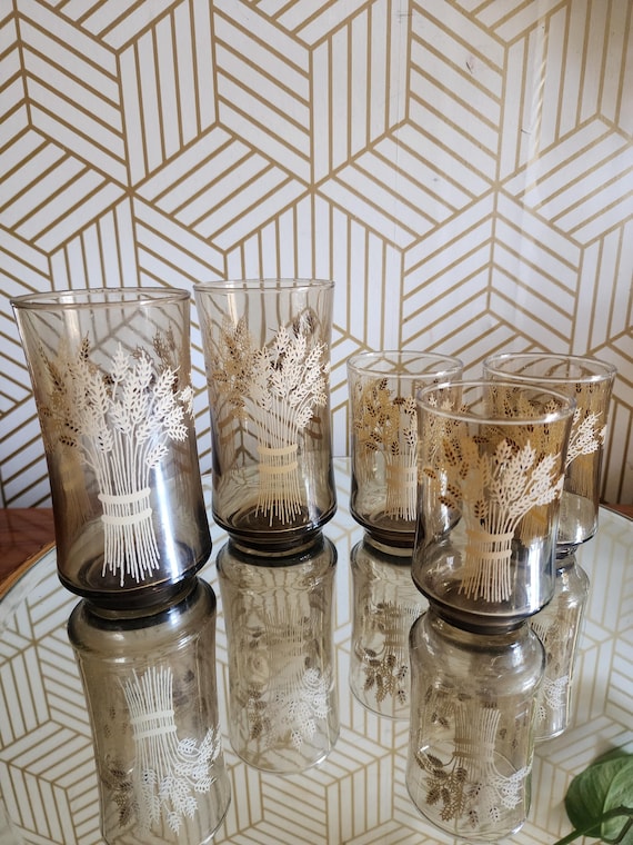 Vintage Libbey Franco Wheat Smoked Glass Glasses (5)
