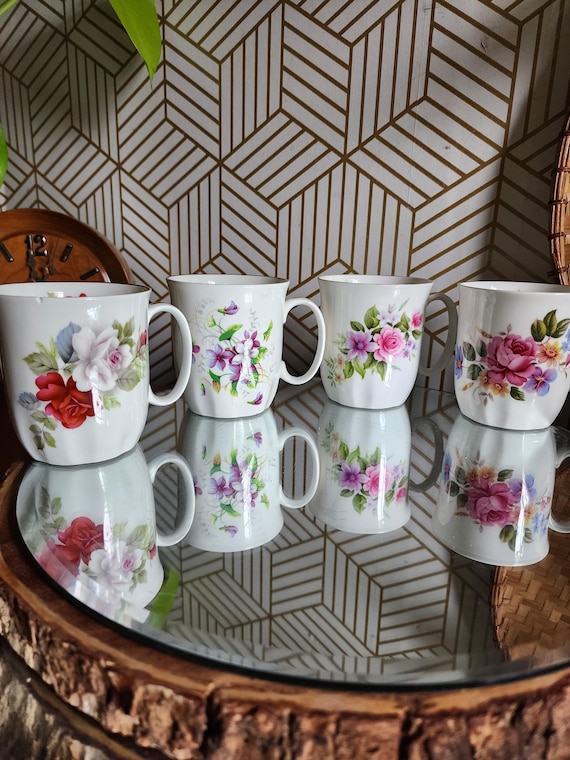 Vintage Royal Essex Bone China Floral Mugs - Set of 4
