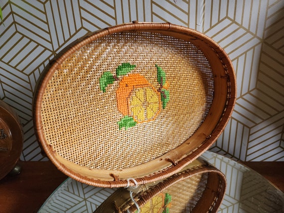 Vintage Cross Stitch On Cane Back Wall Hanging/ Serving Tray 13.5”x9”