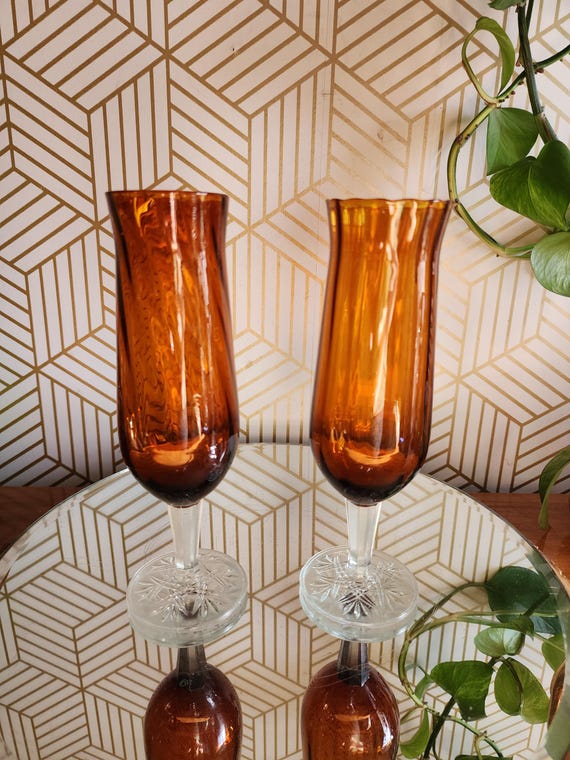 Vintage Pair Empoli Style Dark Amber Bud Vases