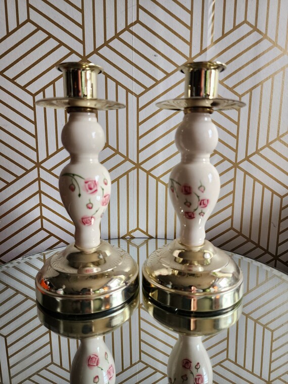 Pair of Candlesticks Brass and Ceramic Roses Floral Hand Painted HOMCO In Box