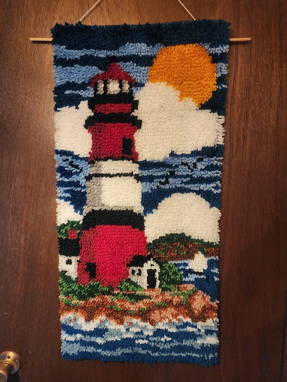 Vintage Caron WonderArt Lighthouse Latch Hook Rug or Wall Hanging 16x32 Ocean Clouds Sun Made in USA