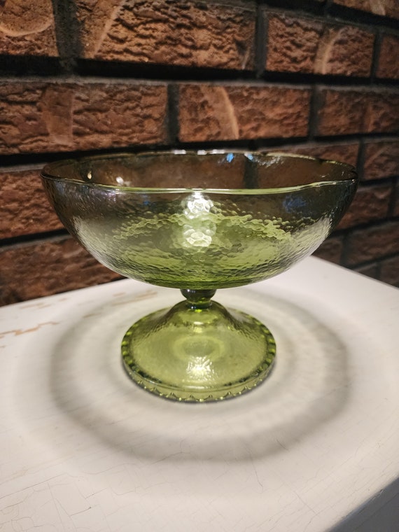 Vintage Hazel Atlas Pebblestone Green Glass Pedestal Dish