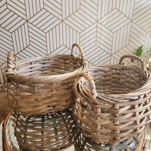 Vintage Woven Reed Wicker Basket Oval Shape With Handles -Pair