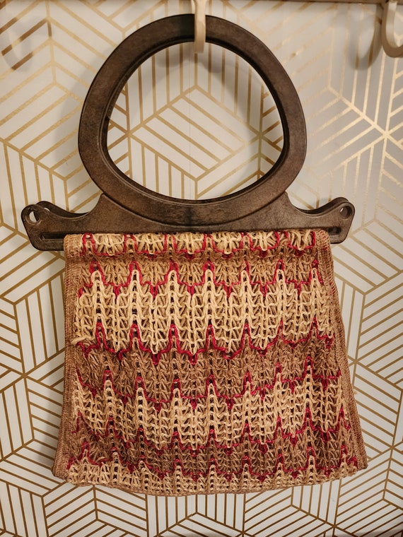 Vintage 70s Woven Jute Deep Net Pocket Spanish Tote Bag