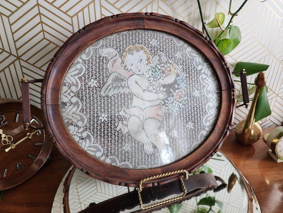 Antique Carved Wood Tray with Cherub Angel Lace Doiley Under Glass