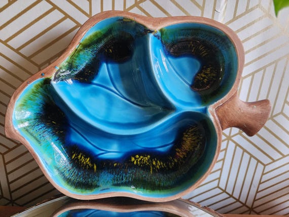 Vintage California Pottery Santa Anita Ware R-144 MCM Blue Drip Glaze Leaf Serving Dish