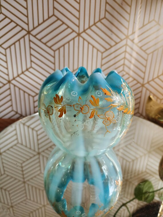 Vintage Blue Opalescent Harrach Glass Handblown Handpainted Pinched Rosebowl Vase
