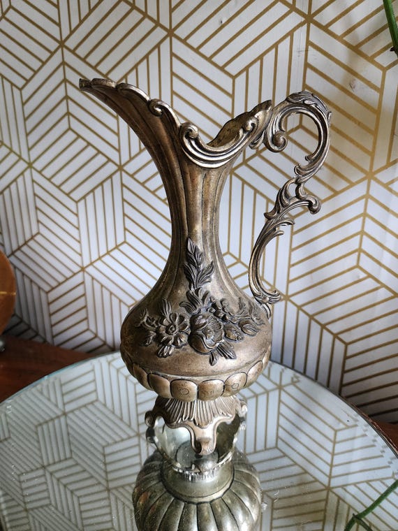 Vintage Italian Silver Finish Pitcher Vase 95-100 Acanthus Floral Pattern Italy